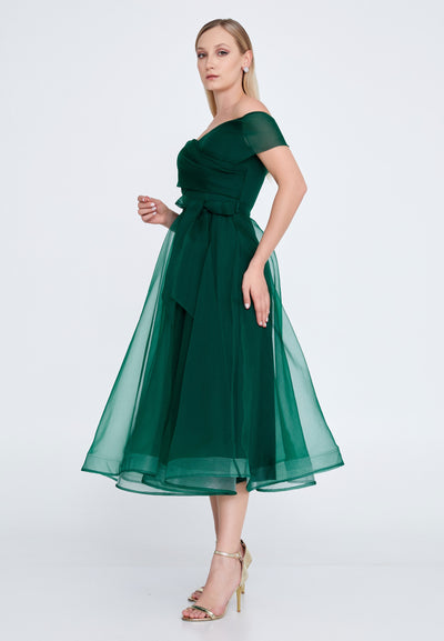 Off Shoulder Tulle Midi Dress
