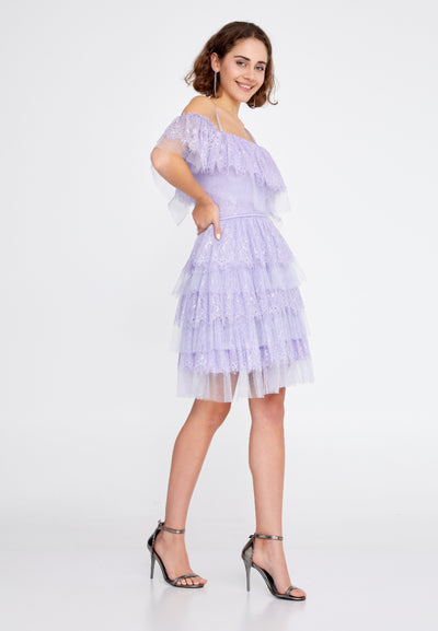 Off Shoulder Spaghetti Strap Tulle Short Dress