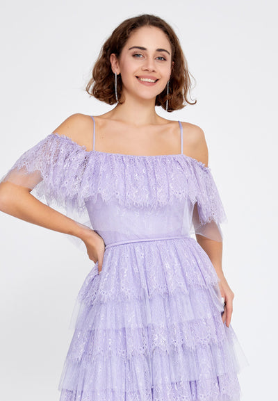 Off Shoulder Spaghetti Strap Tulle Short Dress