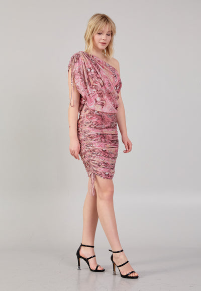 One Shoulder Drawstring Patterned Design Dress