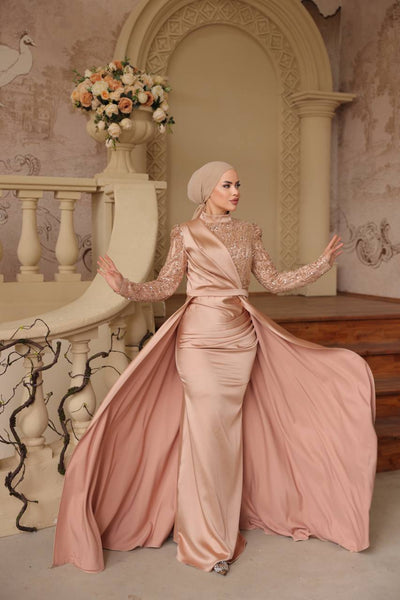 Long Sleeve Over-Skirt Evening Dress