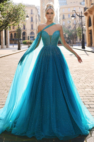 Heavy Tulle Engagement Dress Green Sequins With Trail
