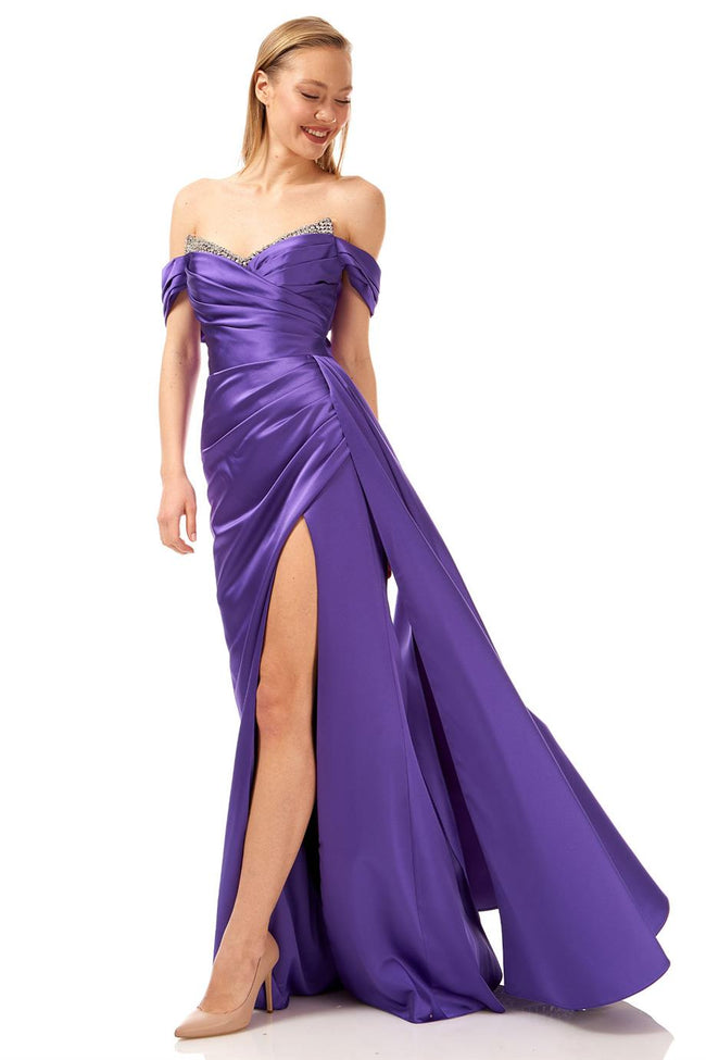 Purple maxi off shoulder dress with stones