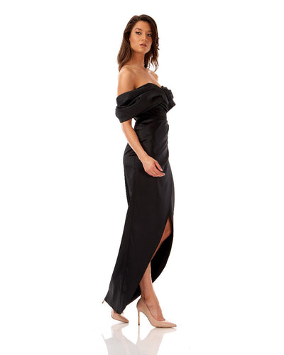 Off Shoulder Satin Column Maxi Dress